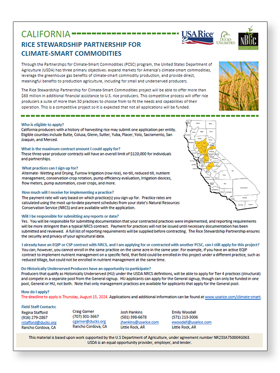 Climate-Smart informational flyer for California rice farmers