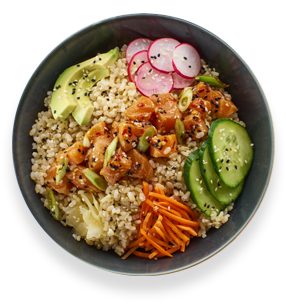 Overhead view of a poke rice bowl.