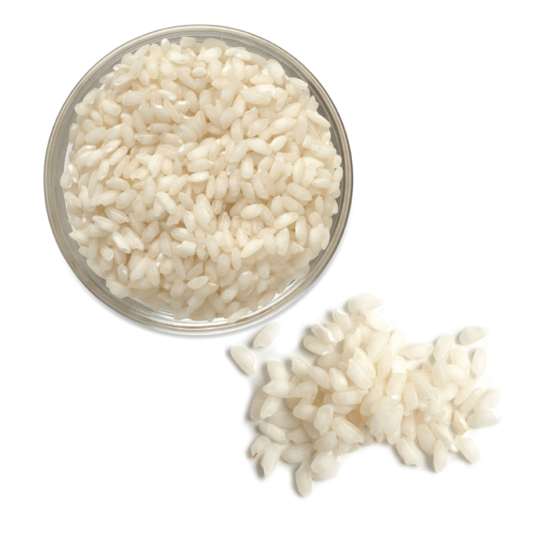 Overhead view of uncooked U.S. Arborio rice.