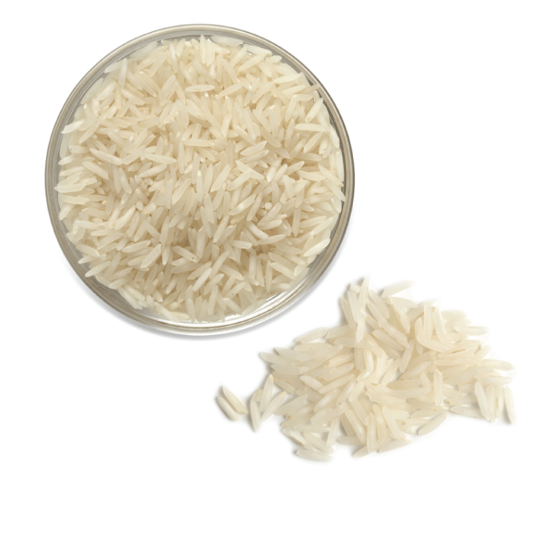 Overhead view of uncooked U.S. basmati rice.