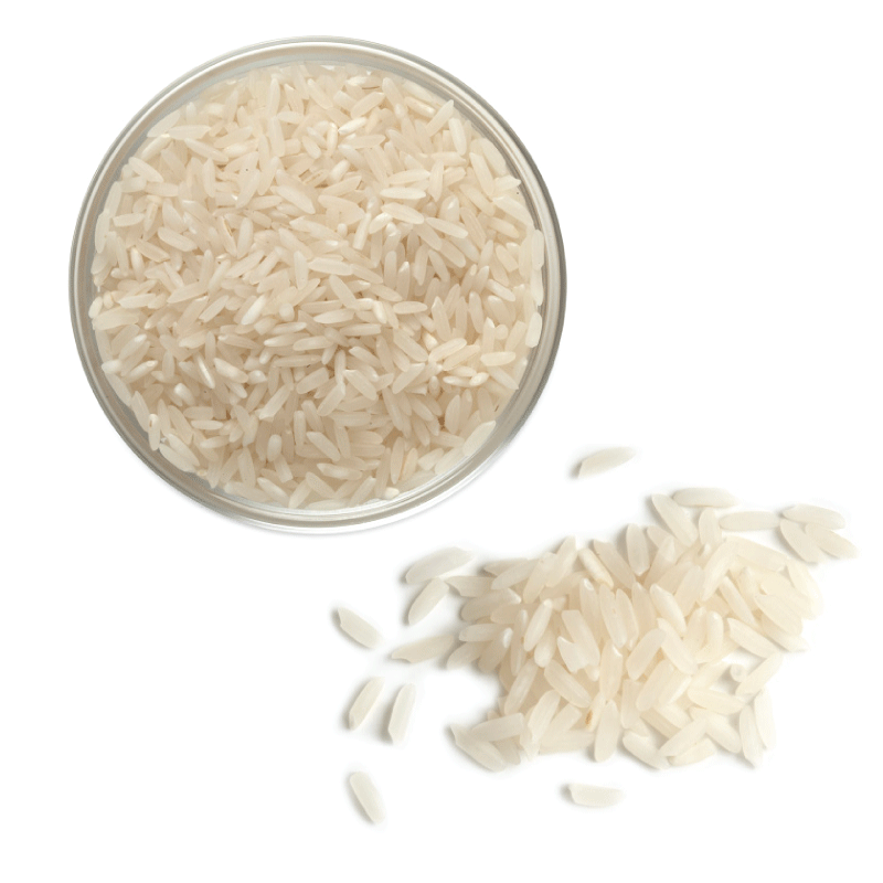 Overhead view of uncooked long grain rice.