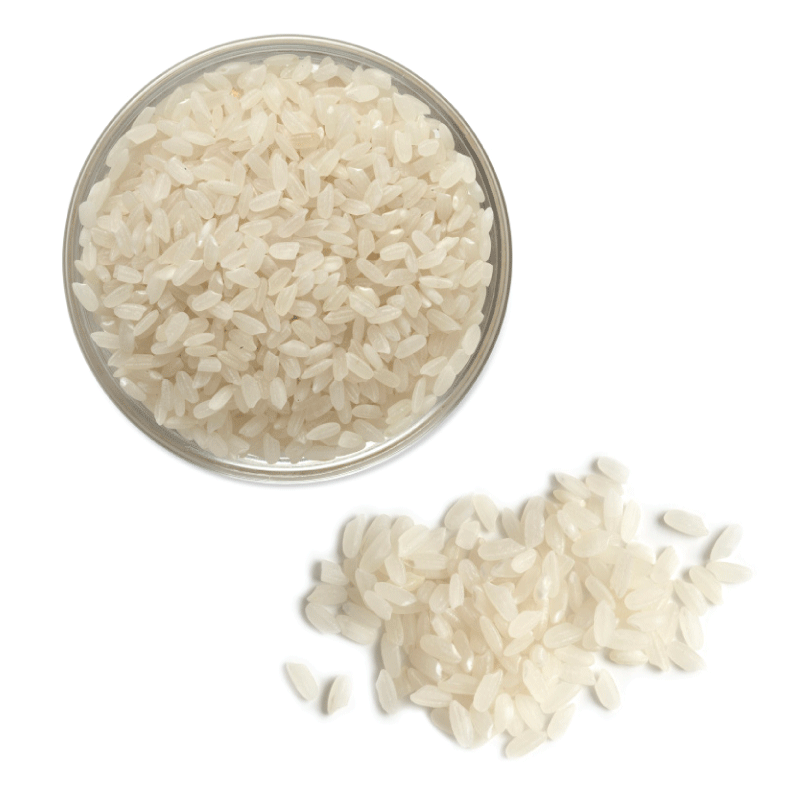 Overhead view of uncooked medium grain rice.