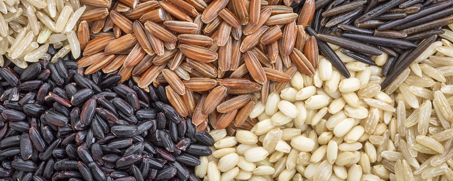 Overhead view of different whole grain rice varieties.