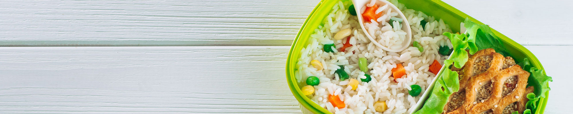 Cafeteria Tray Banner Image of a school lunch with rice.