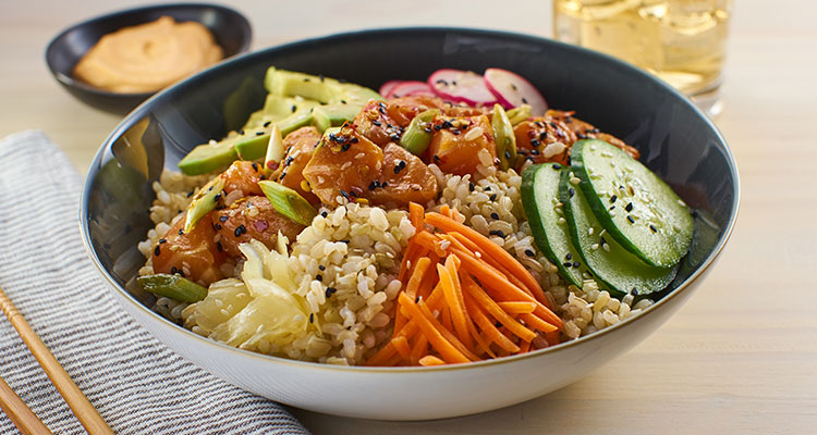 Side view of poke rice bowl.