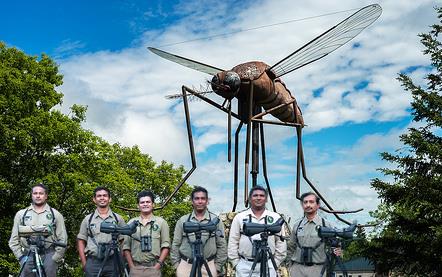 Men standing behind a row of camera tripods, enormous mosquito statue in background