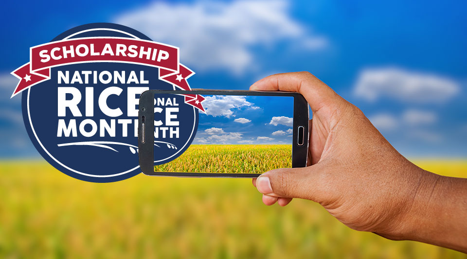 Promo for NRM Video Contest, hand holds an iPhone with picture of rice field