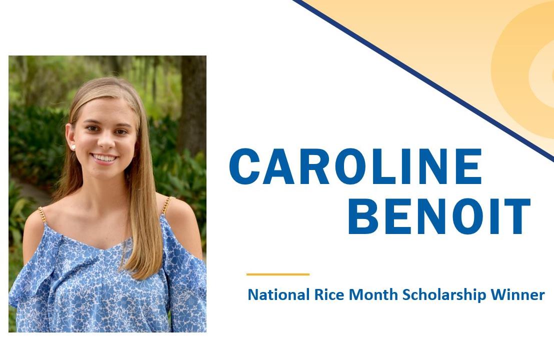 2018 NRM Scholly Winner Caroline Benoit headshot on presentation slide, photo of young woman with long blonde hair, her name in blue text, yellow swirl in upper right corner