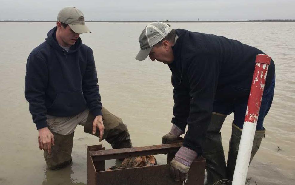 Two farmers wearing hip boots and ballcaps stand in flooded field pulling on metal gate