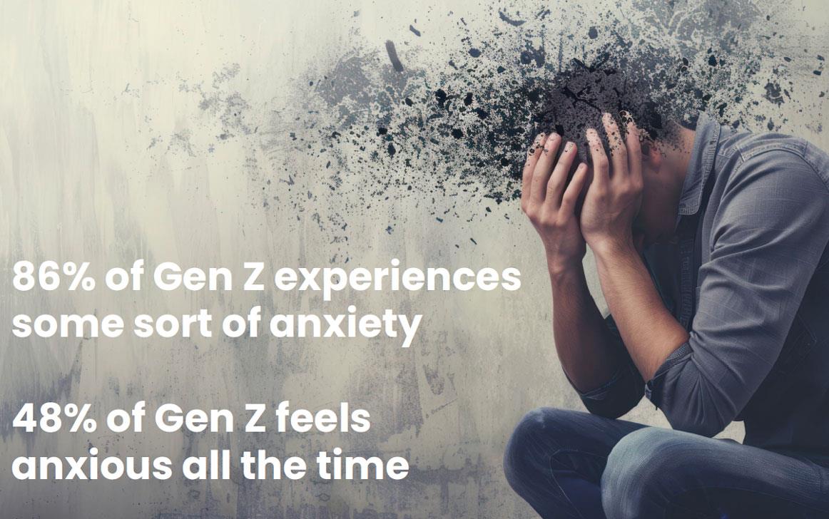 Gen-Z-Anxiety-graphic, man wearing all gray holding his head in his hands with ink blots swirling around