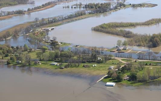 Aerial view of flooded fields and farms