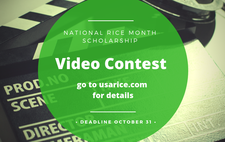 Movie clapboard in background, green circle in foreground with text about the National Rice Month Scholarship Video Contest