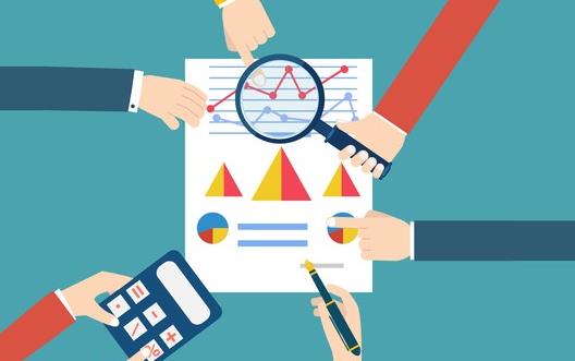 Drawing of many hands with calculator, pen, magnifying glass hovering over paper with colorful graphs