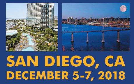 Two photos, left is aerial view of highrise hotel, right is nighttime scene of bridge over bay with city skyline in background & full moon, above gold text "San Diego, CA December 5-7, 2018"