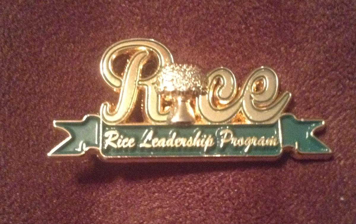 Picture-of-Rice Leadership-Pin on brown background