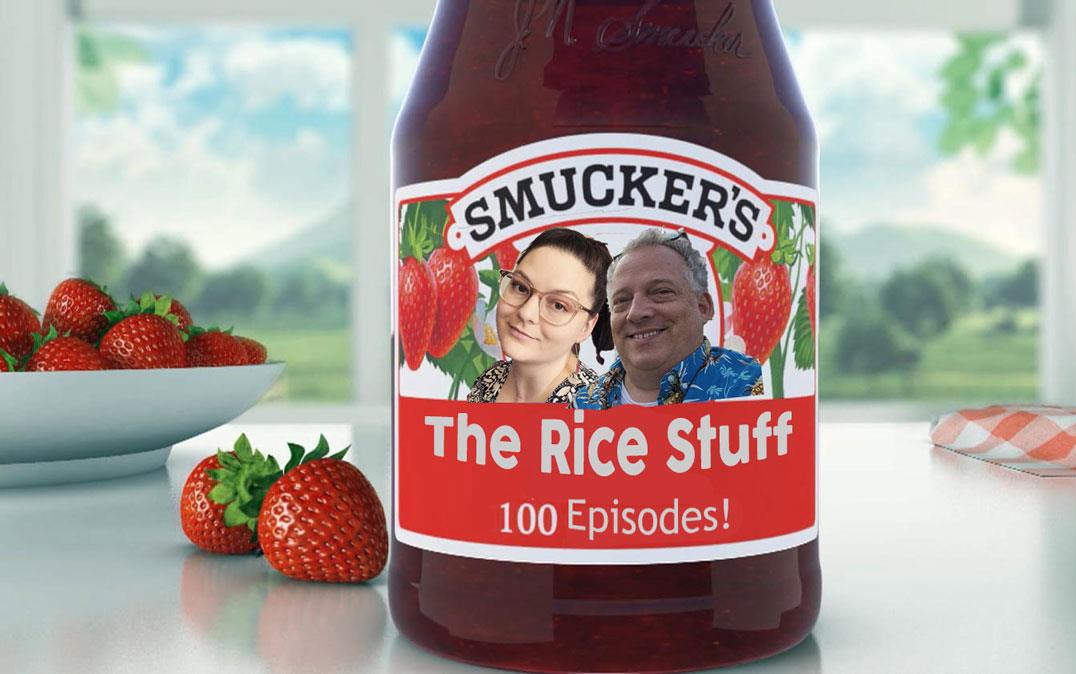 Podcast-Hosts celebrate-100-episodes with their faces on a jar of Smuckers strawberry jam