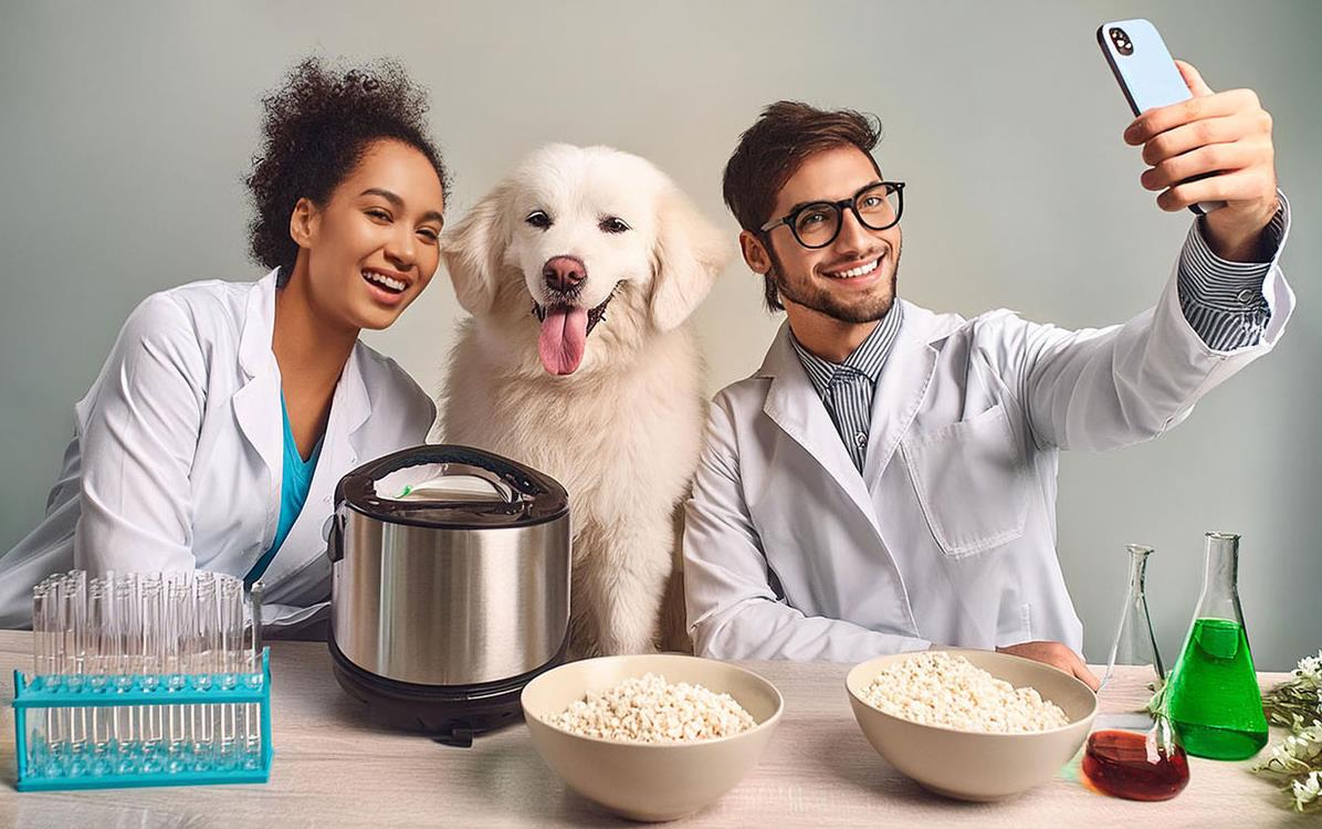 Scientists-&-Dog sit at table w/rice cooker, bowls of rice, beakers filled w/colorful fluids