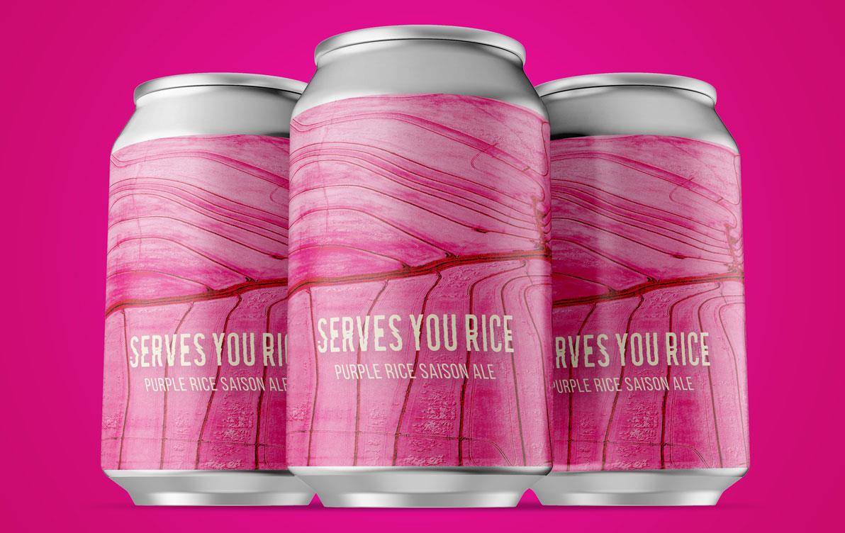 Three cans of Serves You Rice beer on fucshia background