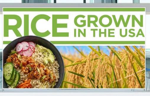 Poster with text "Rice Grown in the USA" with photo of mature rice plants and a rice bowl