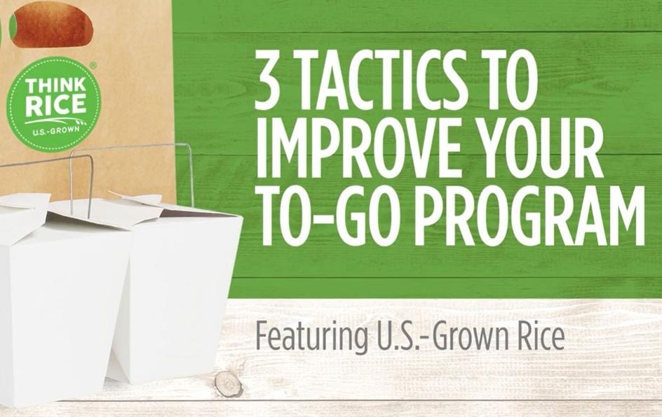 3-Ways-to-Improve-Your-To-Go-Program graphic with one brown bag w/Think Rice logo and two white Chinese take-out containers