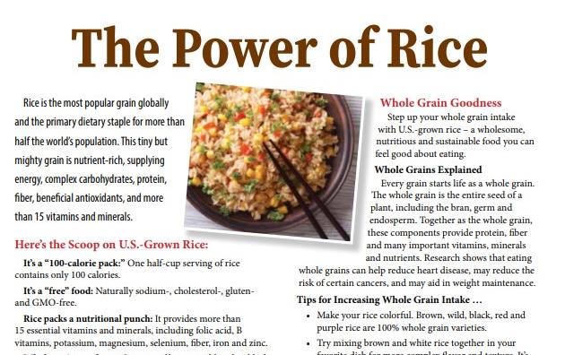 Copy of newsletter titled "The Power of Rice" with photo of rice dish and black chopsticks with accompanying text