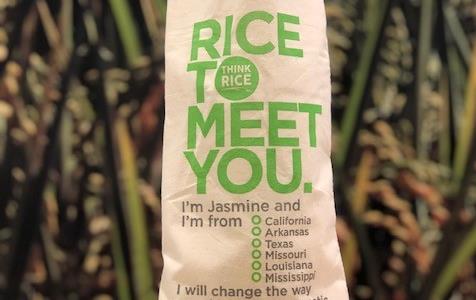 Think Rice Jasmine Bag with text "Rice to Meet You" and list of all 6 rice producing states