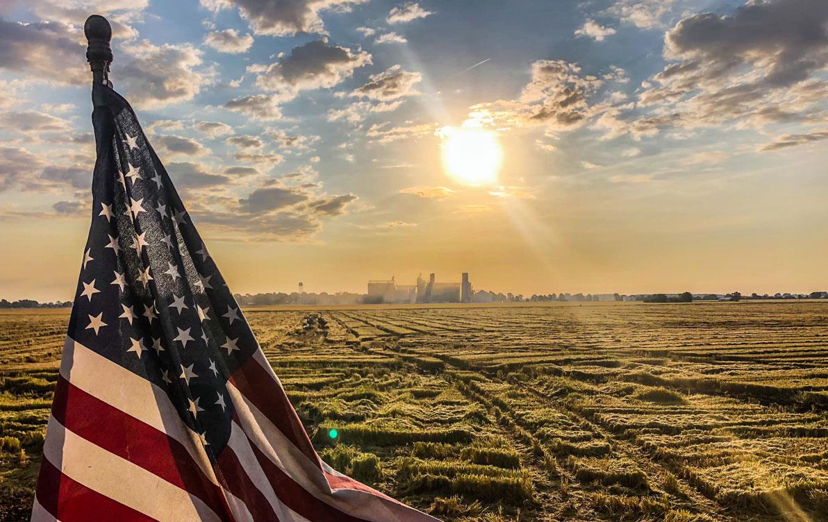 Mature-rice-field-with-US-flag-and-rice-mill-on-horizon