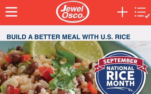 Jewel Osco ad with colorful rice dish, red/white/blue NRM logo and title "Build a Better Meal with U.S. Rice