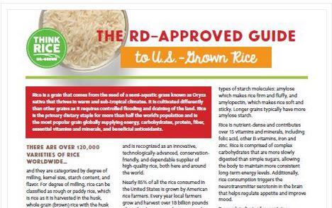  Front page of nutrition guide, 3 columns of text plus US map & photo of bowl of white rice