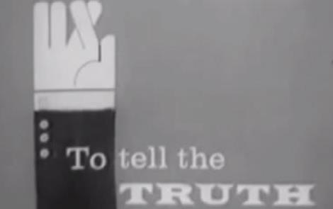 Black and white cartoon of hand in business suit sleeve with fingers crossed and text "To tell the Truth"