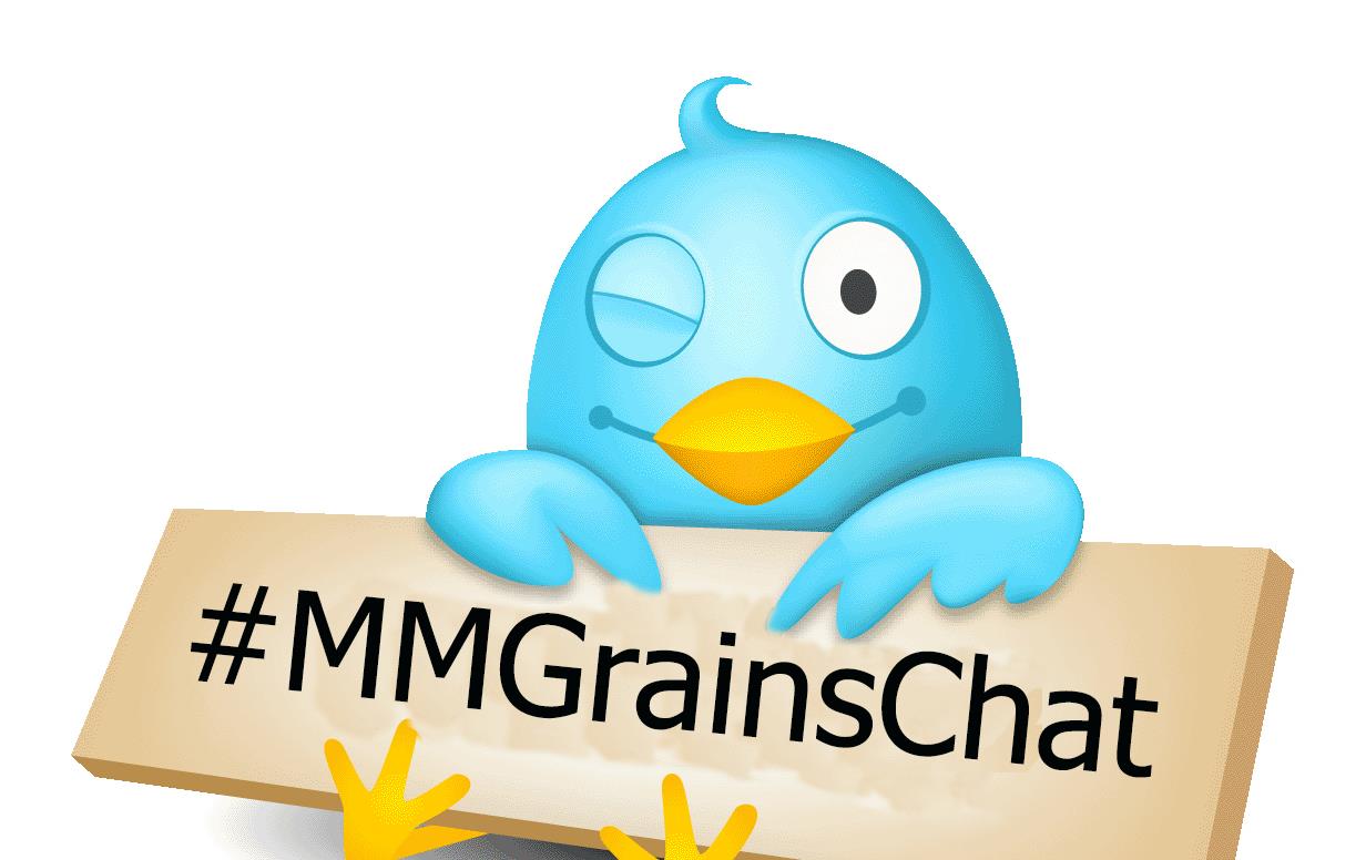 Cartoon Twitter Bird holds sign with text "#MMGrainsChat"