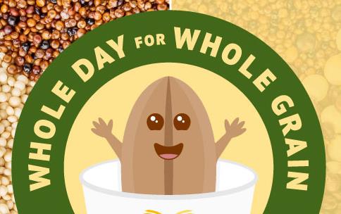 Whole Grains Mascot cartoon surrounded by photos of actual whole grains