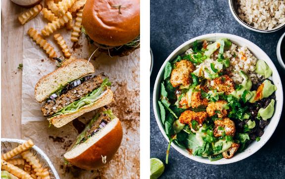 Two photos of meals made with rice: burgers and salad