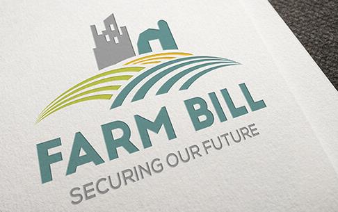 2018 Farm Bill Logo, graphic of plowed fields with silo and mill