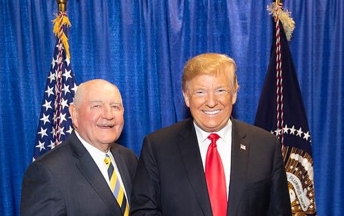 Ag Secy Sonny Perdue & President Trump give thumbs up, standing in front of bright blue curtain and American flag