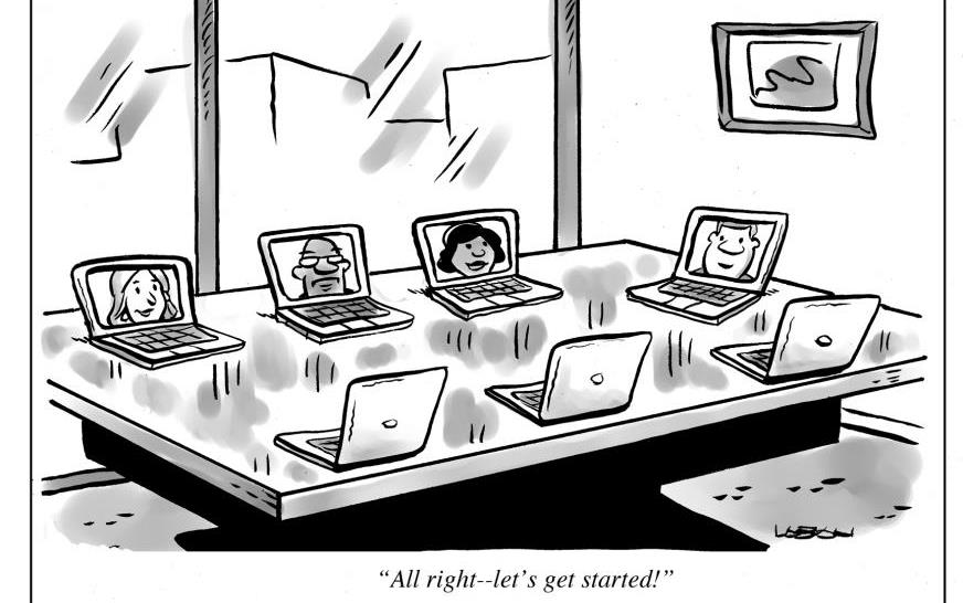 Cartoon shows computers sitting around conference room table for a virtual meeting