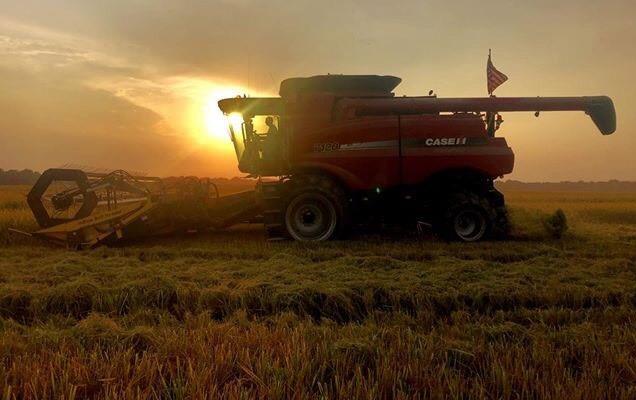 Combine at sunset with American flag flying from back