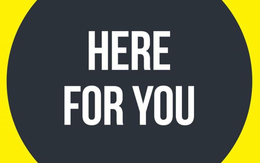 White text "Here For You" in black circle on yellow background