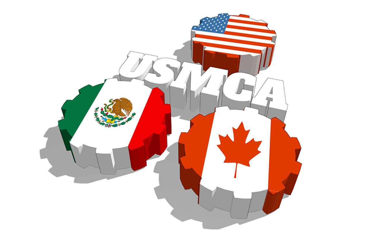 USMCA gears decorated like flags of US, Mexico, and Canada