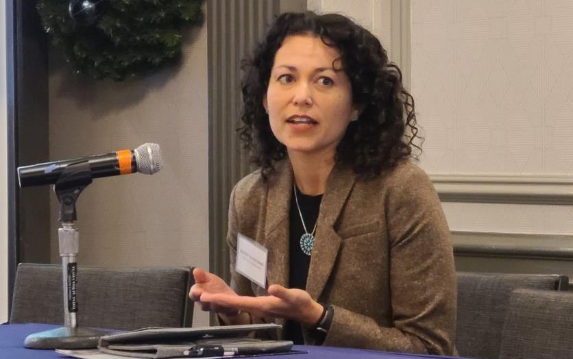 Xochitl Torres-Small sits at desk, speaking into microphone