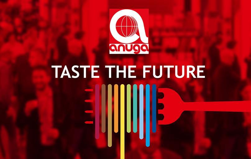 Anuga Taste the Future logo, multi-colored pasta wrapped around red fork