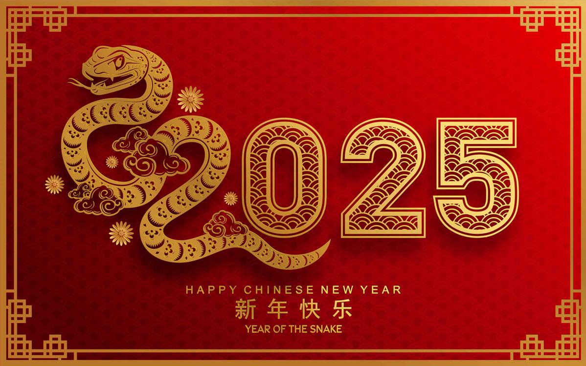 2025-Year-of-the-Snake graphic, gold images & text on deep red background