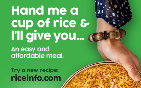 Brilliant green ad campaign poster in Toronto Canada shows hands holding bowl of cooked brown rice