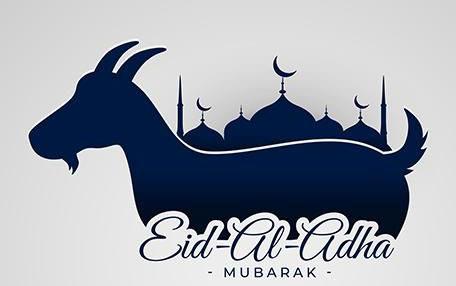 Eid-Al-Adha-graphic with silhouette of goat and mosque