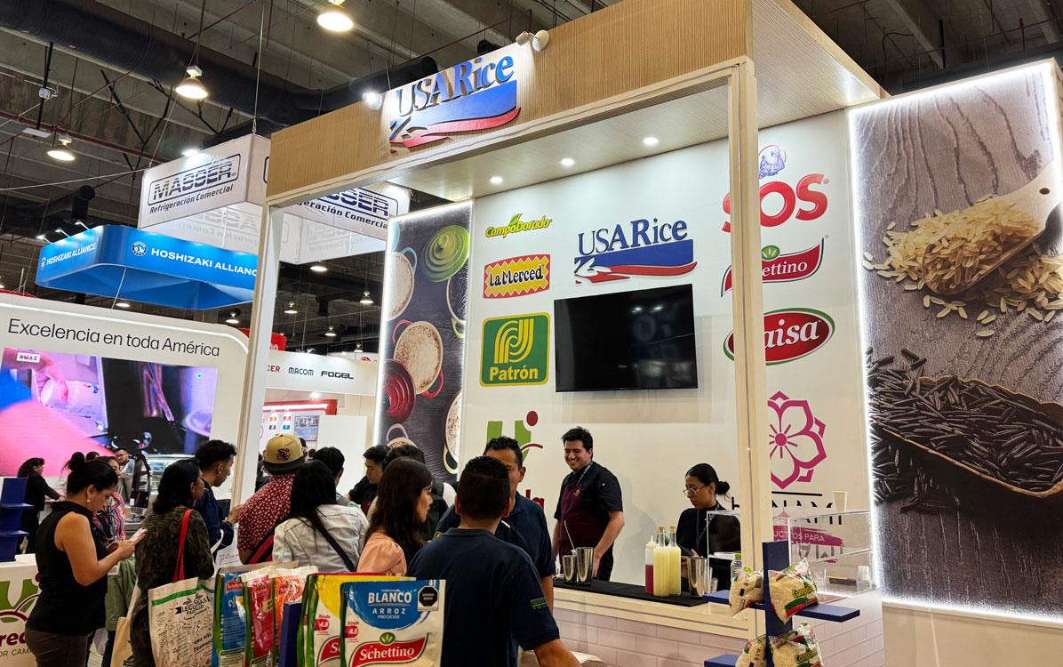 People crowded around USA Rice booth at 2024 Expo Gastronomica