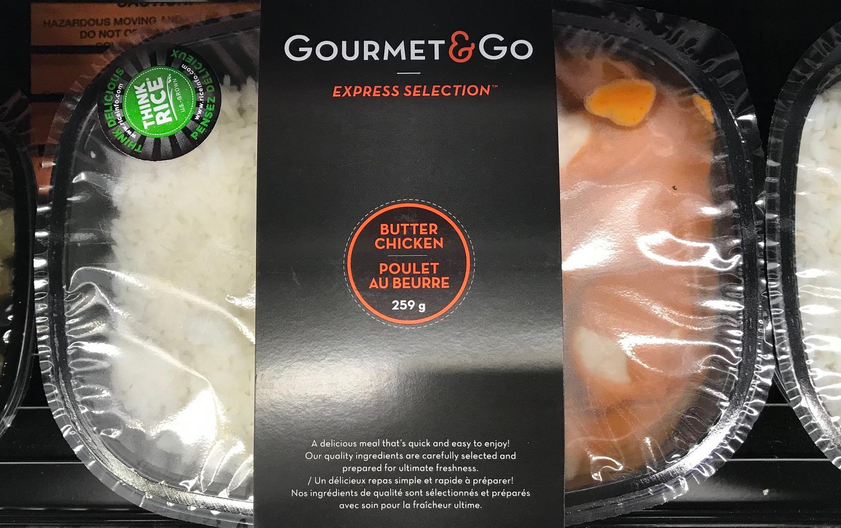 Gourmet & Go butter chicken food package with green Think Rice logo