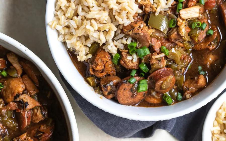 Overhead shot of pot of gumbo