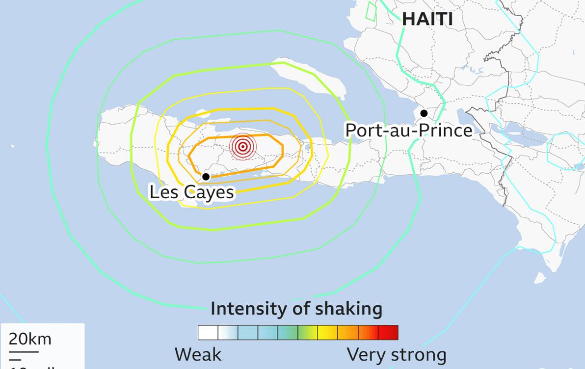 Map of the earthquake in Haiti, epicenter at Les Cayes