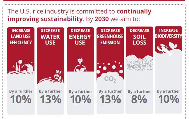 Sustainbility infographic, 2030 goals show decreased land, water, and energy use