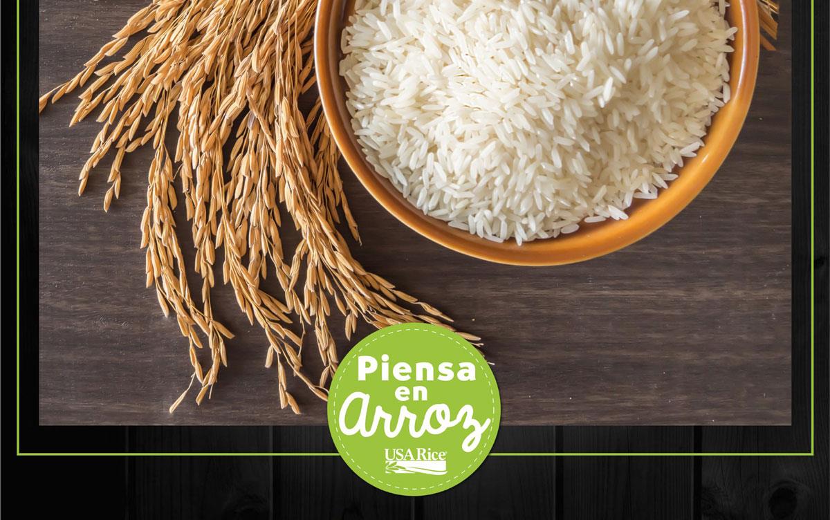 Piensa-en-Arroz-poster with bowl of white rice and sheath of ripe rice